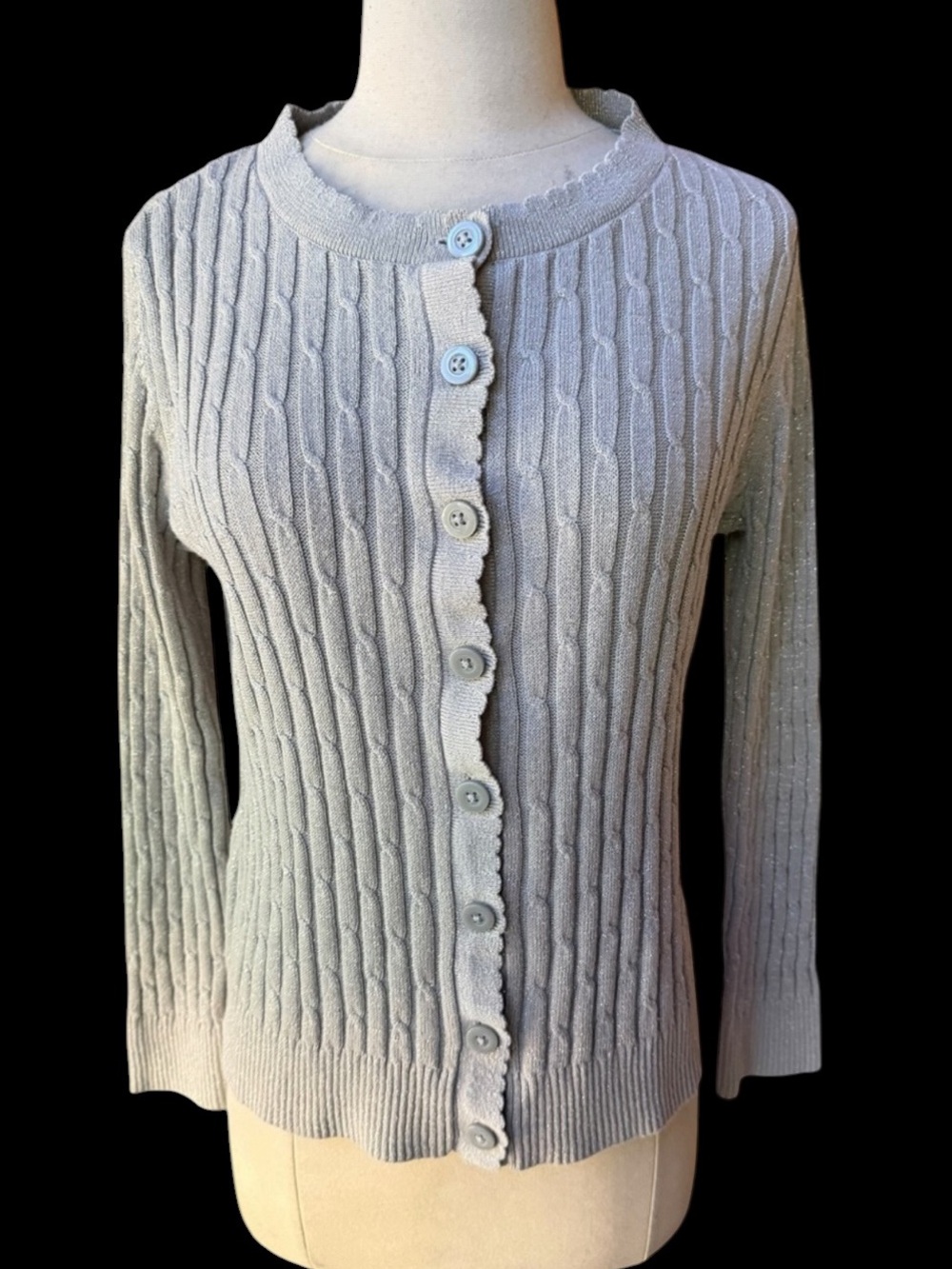 Late 90s/Y2K Laura Scott Cotton Blend Scallop Trim Lightweight Silver Gray Cable